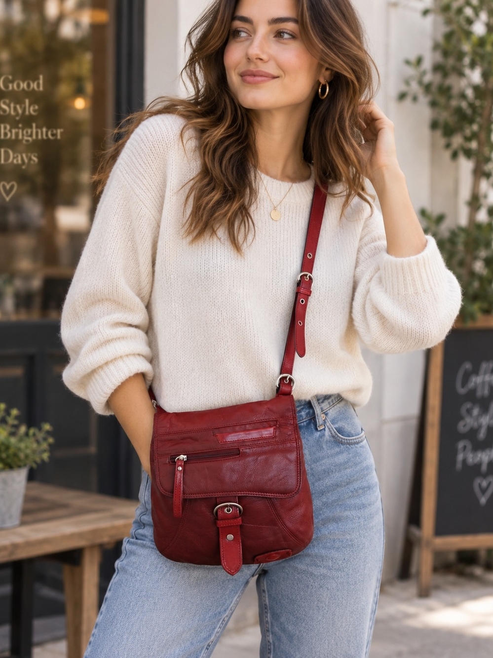 The Trend Red Itallian Leather Crossbody Bag with Front Zip and Buckle Detail